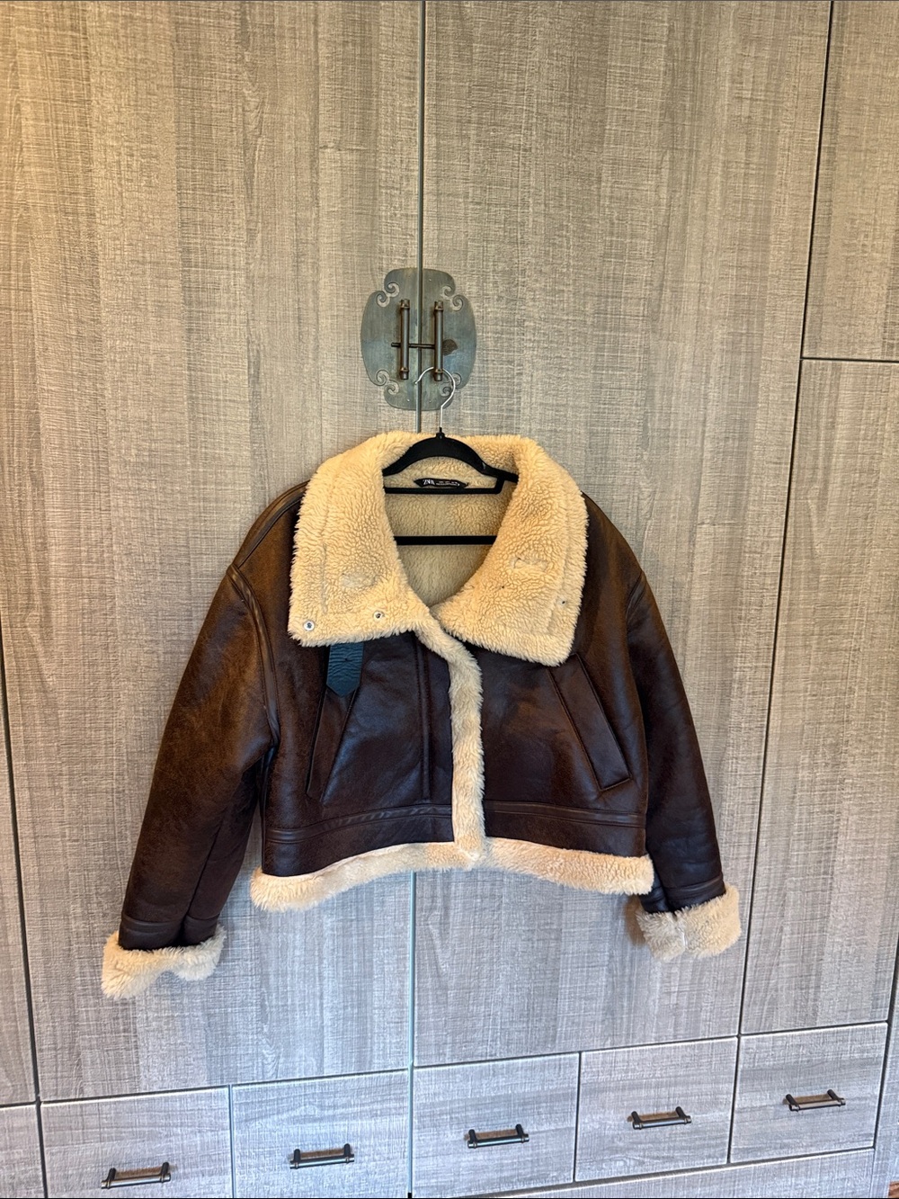 Zara Faux Fur Leather Jacket Beige‎ Brown